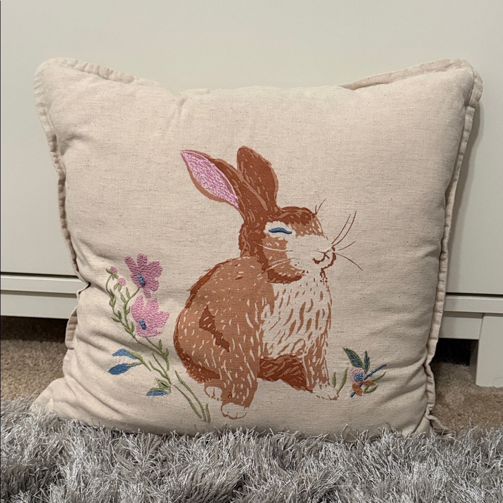 Threshold Beige Pillow with Embroidered Rabbit and Floral Design